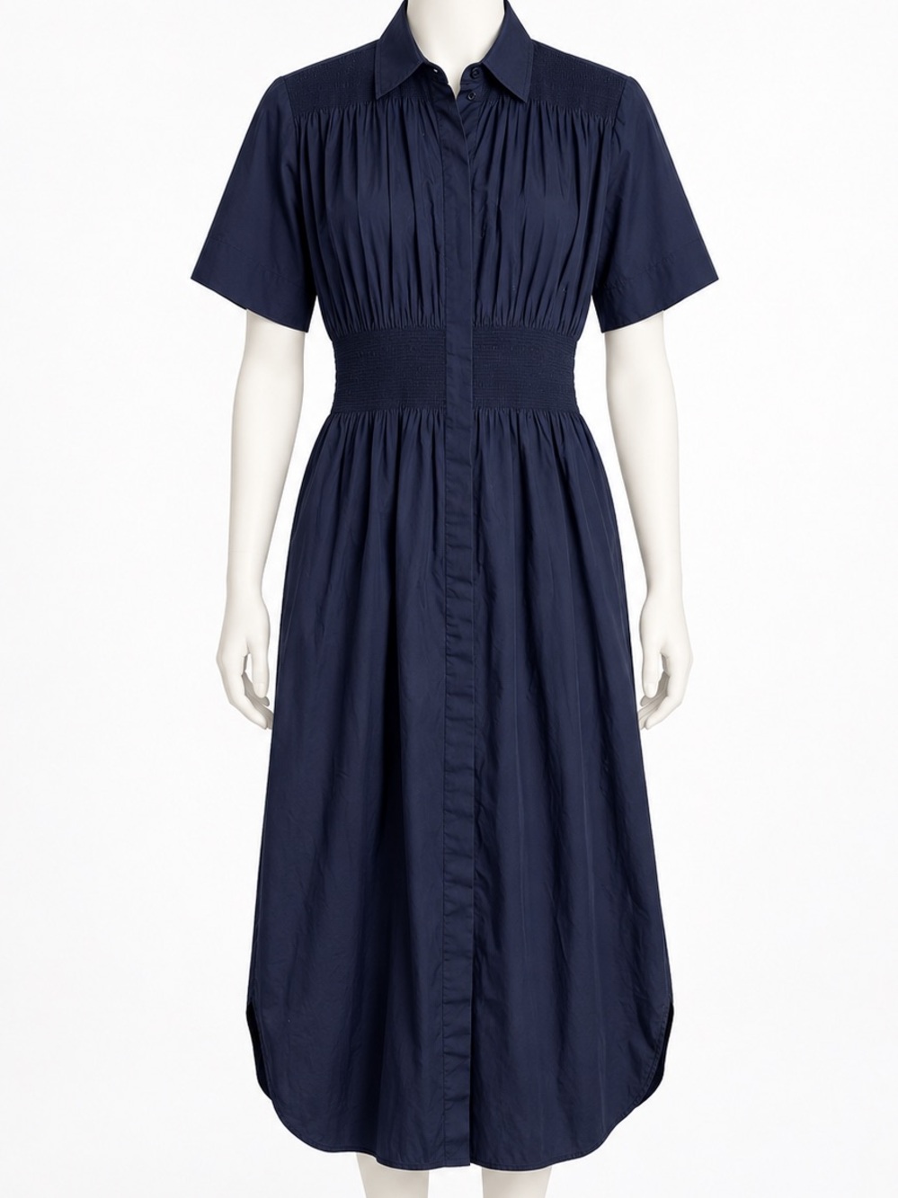 Sportmax Navy Midi Shirt Dress Size 10 Smocked Waist Button Front Pockets